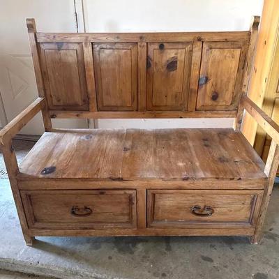 Rustic Pine Bench With Two Drawer Storage