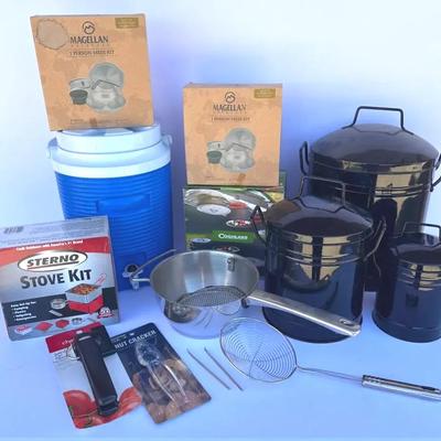 Camping Essentials - Magellan mess kits, Coghlans aluminum cook set, Sterno Stove