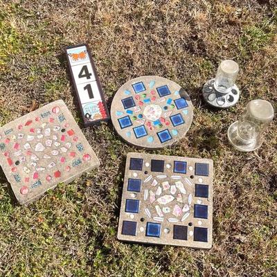 Concrete Stepping stones With Mosaic Tiles, Tile House Numbers, And Two glass chicken Feeders