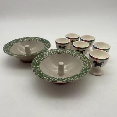 6 Egg Cups And 2 Apple Baker Pottery Bowls