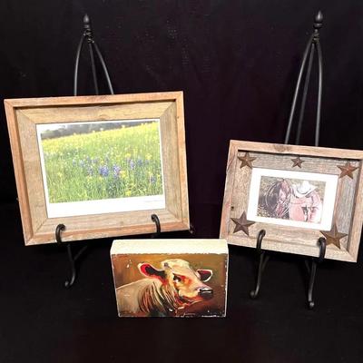 3 Rustic Pictures Of Cow, Cowboy And Bluebonnets