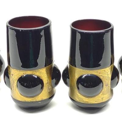 Sale Photo Thumbnail #595: 4 Amethyst & Brass Blown Drinking Glasses