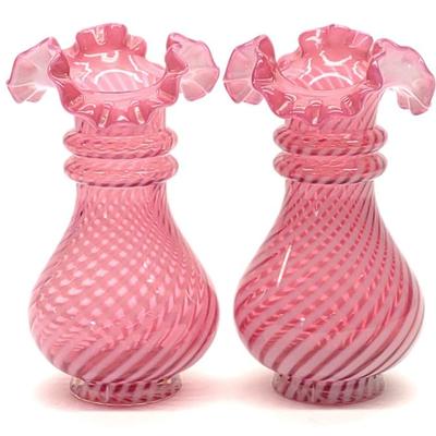 Sale Photo Thumbnail #608: Pr of Fenton Cranberry Opalescent Optic Vases