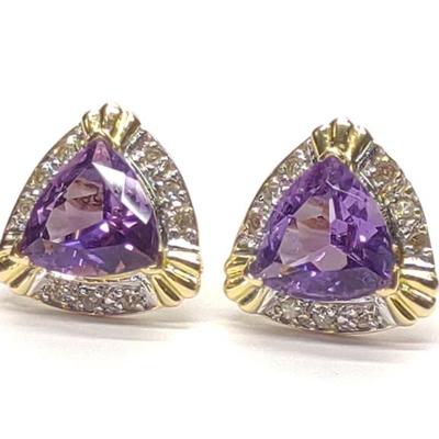 Sale Photo Thumbnail #314: 14K Gold Trillion Amethyst & Diamond Stud Earrings