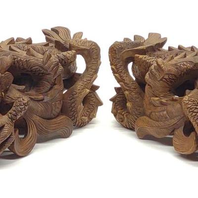 Sale Photo Thumbnail #605: Pr of Asian Wood Carved Dragons w/ Ball Sculptures