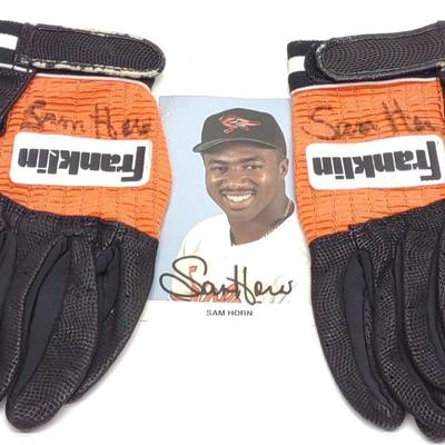 Sale Photo Thumbnail #569: Sam Horn Autographed Gloves & Orioles Post Card