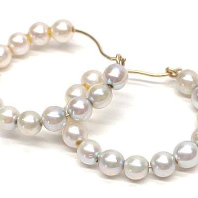 Sale Photo Thumbnail #440: 14K Gold Pearl Hoop Earrings (4mm pearl)