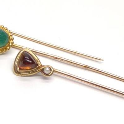 Sale Photo Thumbnail #109: (3) 14K Gold Stick Pins (Carved Jade, Amber, Dia.)