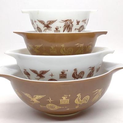 Sale Photo Thumbnail #576: 4 pc Pyrex Early American Mixing Bowl Set