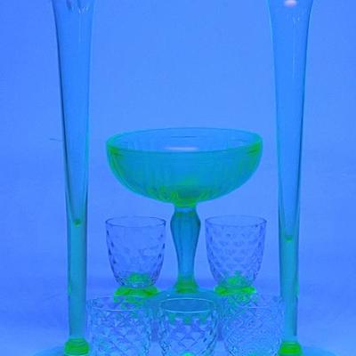 Sale Photo Thumbnail #654: (8) Uranium Glass Bud Vases, Tumblers & Compote