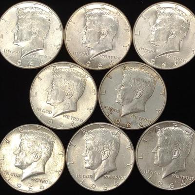 Sale Photo Thumbnail #122: (8) 1964 Kennedy Half Dollar US Coins (90% Silver)