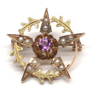 Sale Photo Thumbnail #197: Edwardian 10K Gold Amethyst & Pearl Brooch Pendant