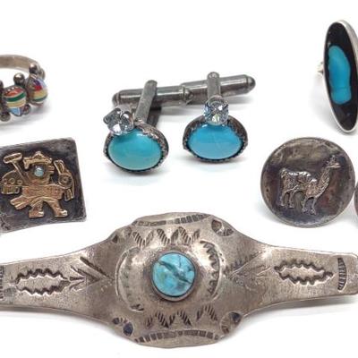 Sale Photo Thumbnail #368: 6 pc Sterling Silver & Turquoise Rings, Pin & More