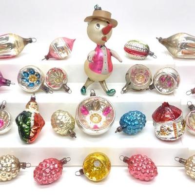 Sale Photo Thumbnail #507: 27 Vintage Figural & Indent Christmas Ornaments