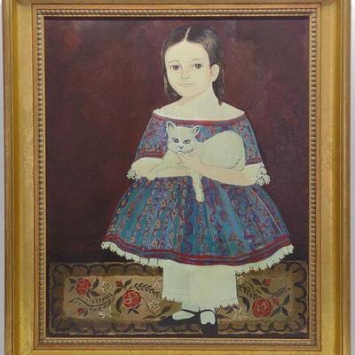 Sale Photo Thumbnail #61: Jeanne Davies (b. 1936) Oil on Canvas Girl w/ Cat