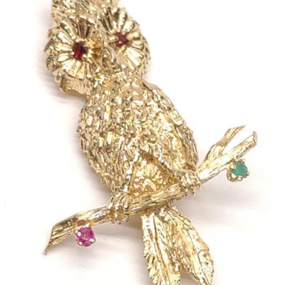 Sale Photo Thumbnail #7: 14K Gold Ruby, Emerald & Garnet Owl Brooch / Pin