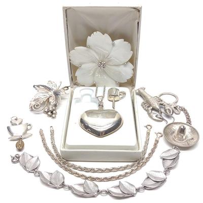 Sale Photo Thumbnail #485: 9 pc Sterling Silver Bracelets, Brooch & Necklaces
