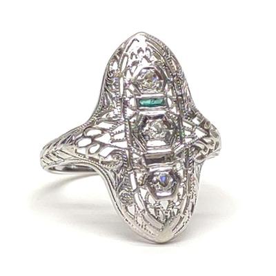 Sale Photo Thumbnail #42: 14K W. Gold Art Deco Diamond & Emerald Ring sz 6.5