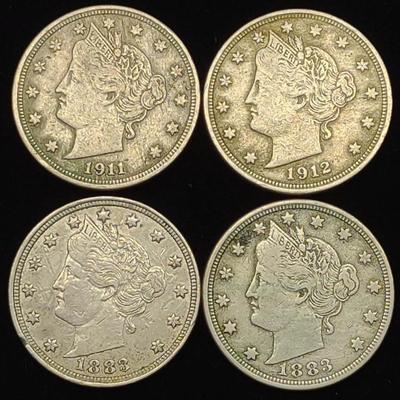 Sale Photo Thumbnail #129: 4 Liberty Head V Nickel US Coins 1883, 1911 & 1912