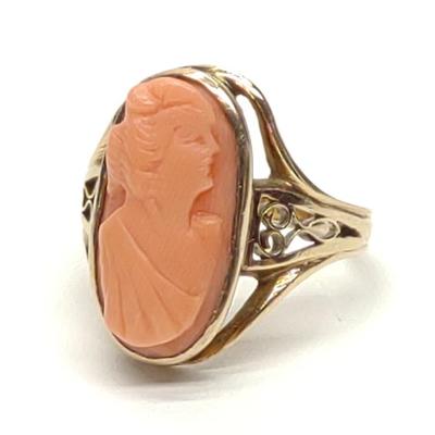 Sale Photo Thumbnail #47: Antique 14K Gold Carved Coral Cameo Ring (sz 5.5)
