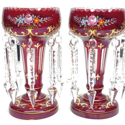 Sale Photo Thumbnail #39: Pr of Ruby Red Enamel Mantle Lusters w/ Cut Prisms