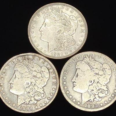 Sale Photo Thumbnail #53: 3 Morgan Dollar US Coins (1882-O, 1892-O, 1921-D)