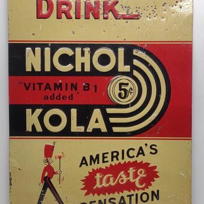 Sale Photo Thumbnail #255: Nichol Kola Single Sided Tin Embossed Sign 28x20"