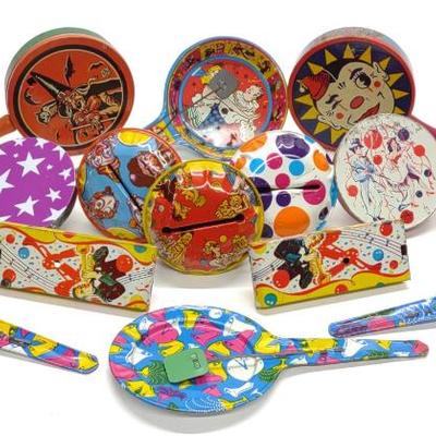 Sale Photo Thumbnail #652: 15 Vintage Tin Litho Noisemakers (Incl. Halloween)
