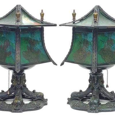 Sale Photo Thumbnail #597: Pr of Reverse Painted Dragon Footed Asian Lanterns