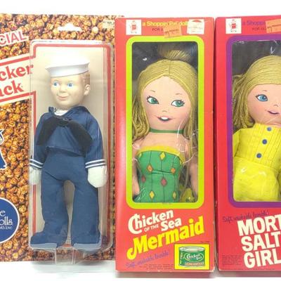 Sale Photo Thumbnail #646: 3 Vintage Shoppin Pal & Cracker Jack Plush Dolls