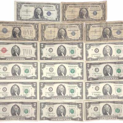 Sale Photo Thumbnail #192: (17) Silver, Red & Green Seal US Bank Notes