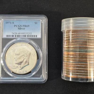 PCGS Graded 1971-S Silver Proof Eisenhower Dollar and Roll of Eisenhower Dollars