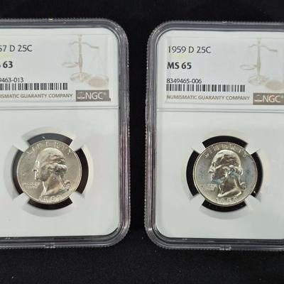 1957-D and 1959-D NGC MS-63 and 65 Silver Washington Quarters