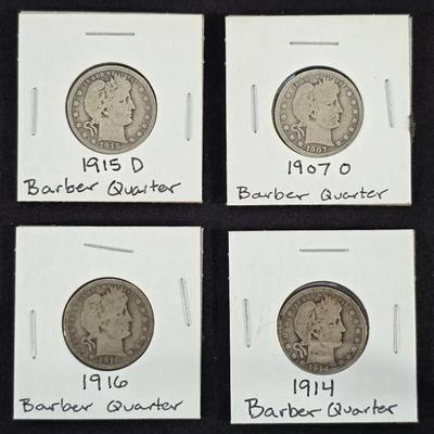 4 Barber Silver Quarters - 1907-O, 1914, 1915-D, 1916