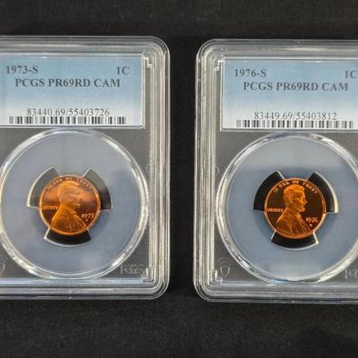 2 PCGS Lincoln Cents 1973-S and 1976-S PR-69 DCAM Red
