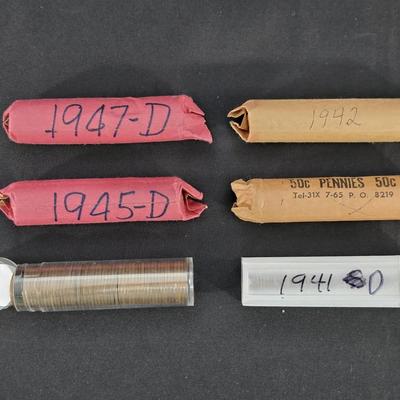 6 Lincoln Wheat Cent Rolls, 1942, 45-D, 41-D, 44-P, 44-D, 55-D