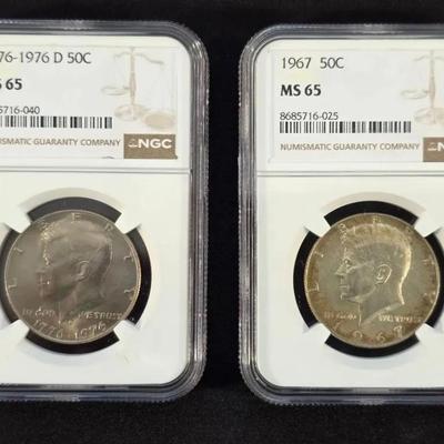 NGC Graded 1967 Silver Kennedy Half Dollar and 1976 Kennedy Half Dollar MS-65