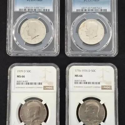 2 NGC Kennedy Halves, 1976-D and 1979-D MS-66 and PCGS 1971-S and 1972-S Proof 69 Halves