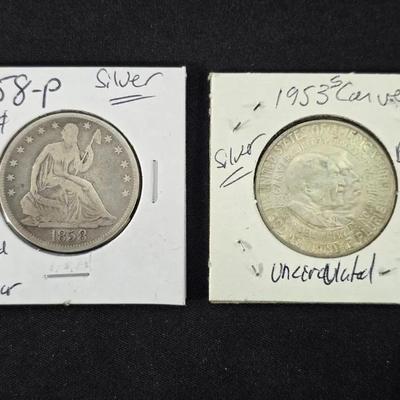 1858-P 50 Cent Seated Silver Half Dollar and 1953 Carver BU/Uncirculated Silver Half