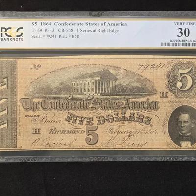 1864 $5.00 Confederate Note VF-30 PCGS 