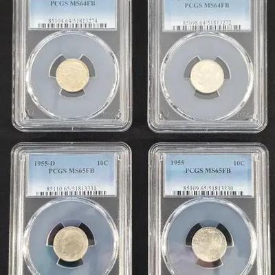 1951-D and 1953-D Silver Roosevelt Dimes and 1955 and 55-D Silver Dimes PCGS Full Bands