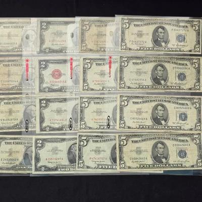 1928-1963 Collector US Notes, 4 $5 Silver Certs, 4 $1 Silver Certs, 4 $2 Silver Certs, 4 $5 Red Seal