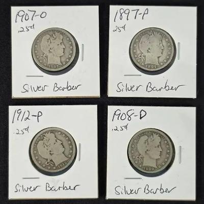 4 Different Date Silver Barber Quarters
