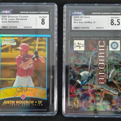 2 CGC Graded Baseball Cards, 2000 UD Ken Griffey and 2001 Bowmen Gold Refractor 78/99 Justin Woodrow