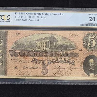 1864 $5.00 Confederate Note VF-20 PCGS 