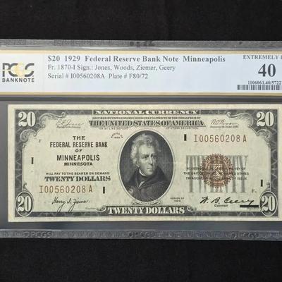 1929 Federal Reserve National Minneapolis $20 Note PCGS 40