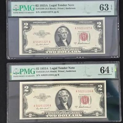 2 1953 $2.00 Red Seal Notes PMG 63/64, Consecutive Serial Numbers