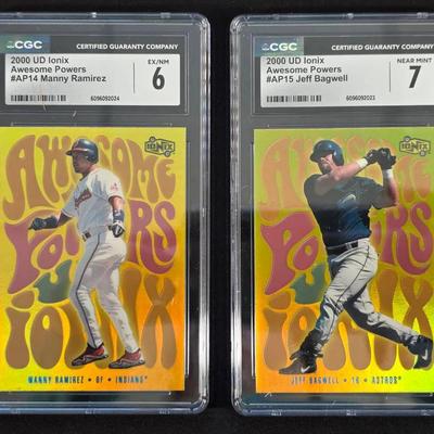 2 CGC Graded 2000 Upper Deck Awesome Powers Baseball Cards, Jeff Bagwell and Manny Ramirez