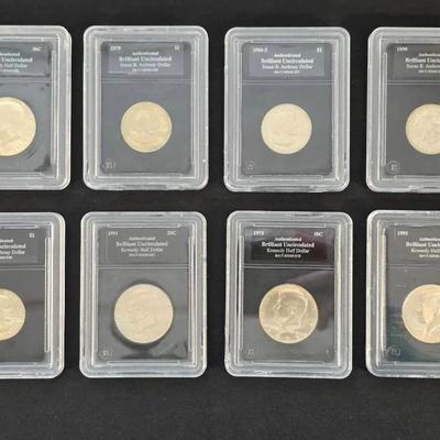 4 Susan B. Anthony Dollars and 4 Kennedy Halves, All BU - Uncirculated 