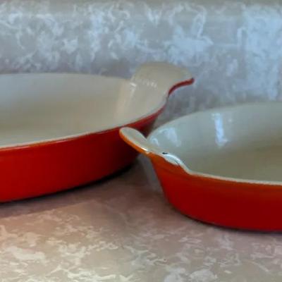 Two Vintage Le Cruset Enameled Cast Iron Baking Dishes